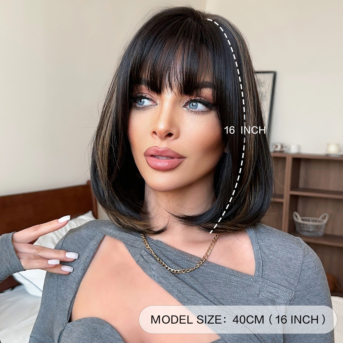 Light Gray Black Gold Highlight Bob - Urban Fashion (Shoulder Straight Layered) (FEVERCOS)