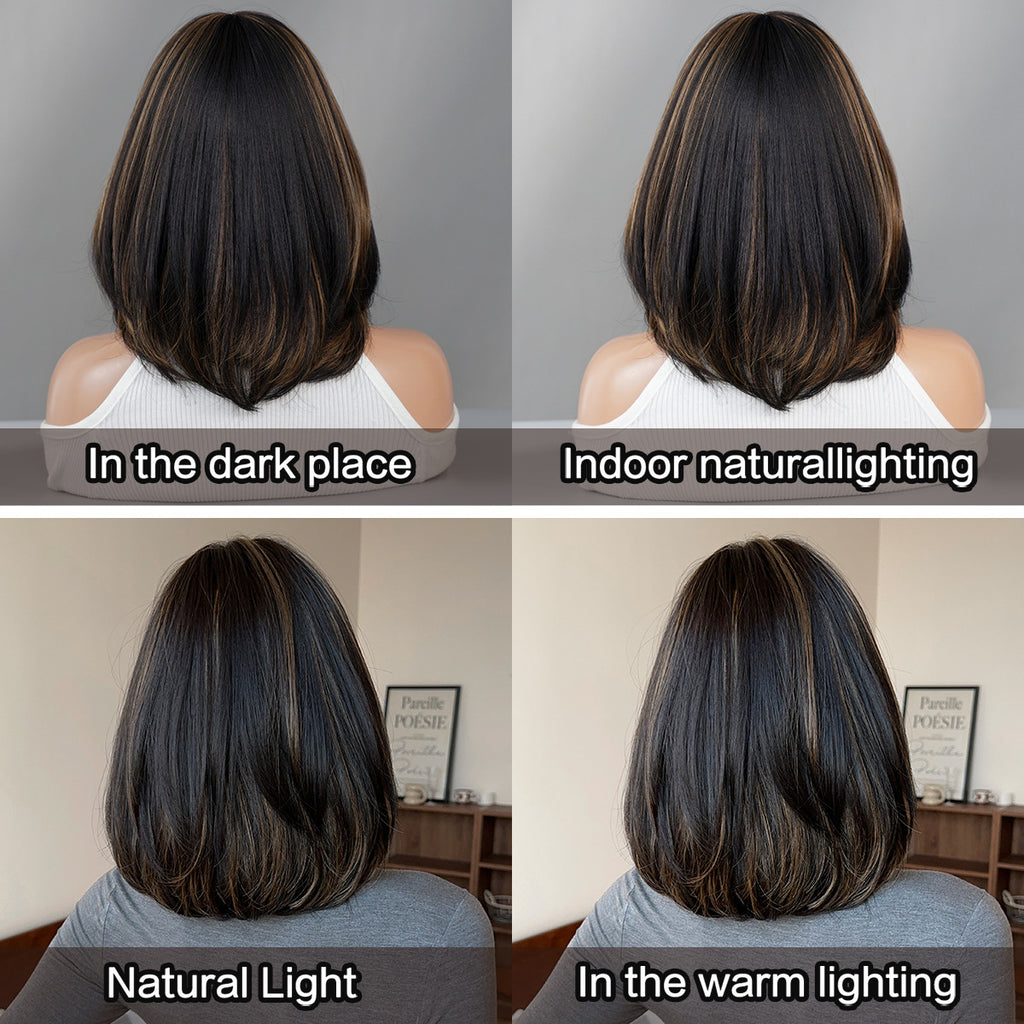 Dark Slate Gray Black Gold Highlight Bob - Urban Fashion (Shoulder Straight Layered) (FEVERCOS)