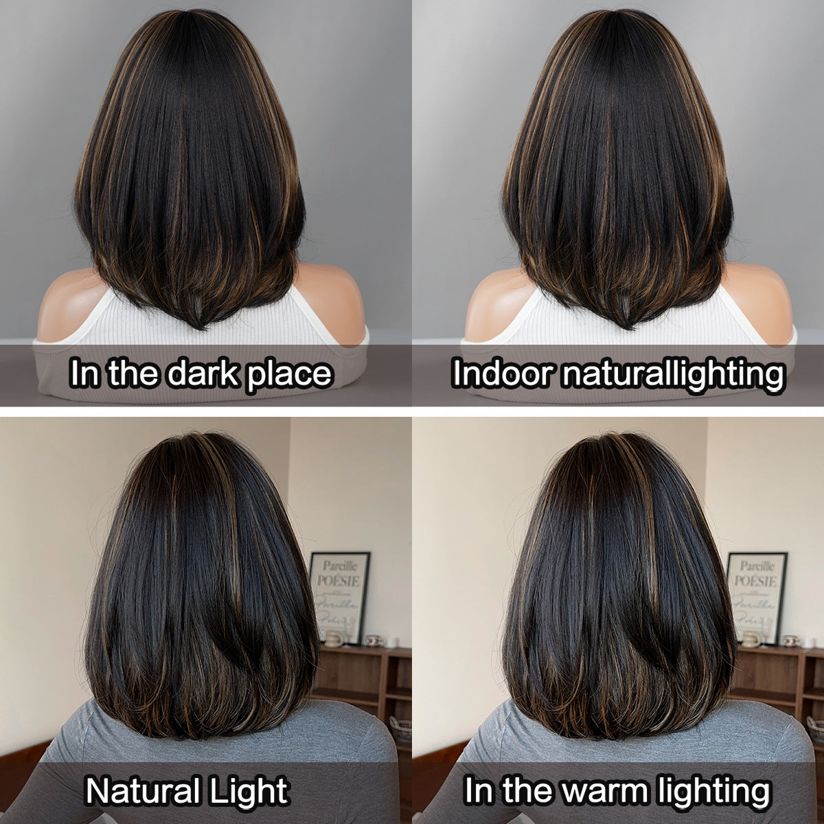 Dark Slate Gray Black Gold Highlight Bob - Urban Fashion (Shoulder Straight Layered) (FEVERCOS)