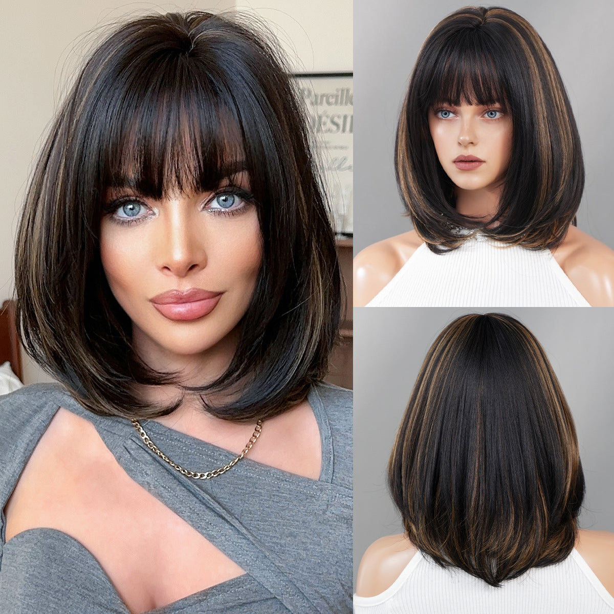 Gray Black Gold Highlight Bob - Urban Fashion (Shoulder Straight Layered) (FEVERCOS)