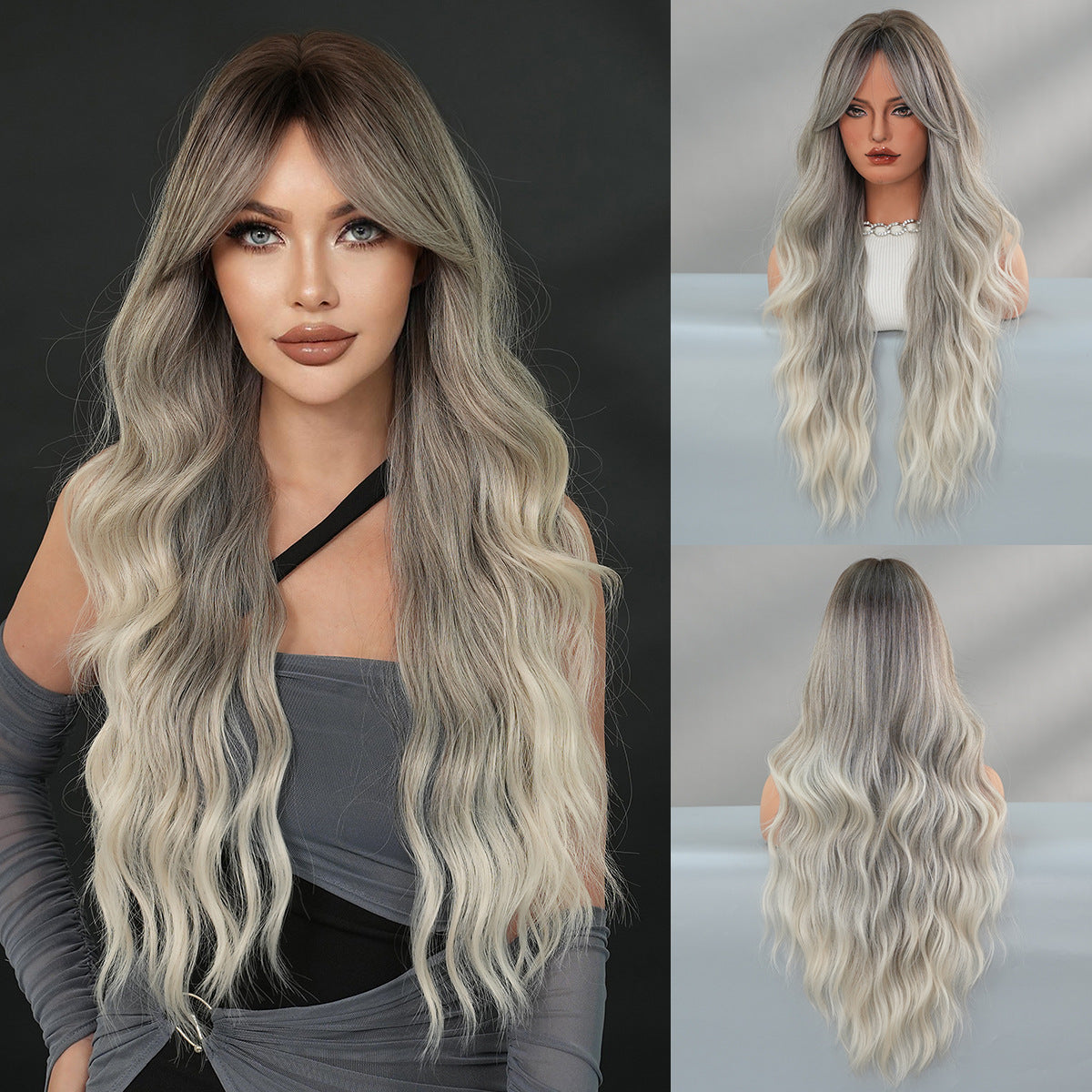 Dark Slate Gray Silk Fog Grey Gradient Wig - Everyday Fashion (Long Wavy Curtain Bangs) (FEVERCOS)