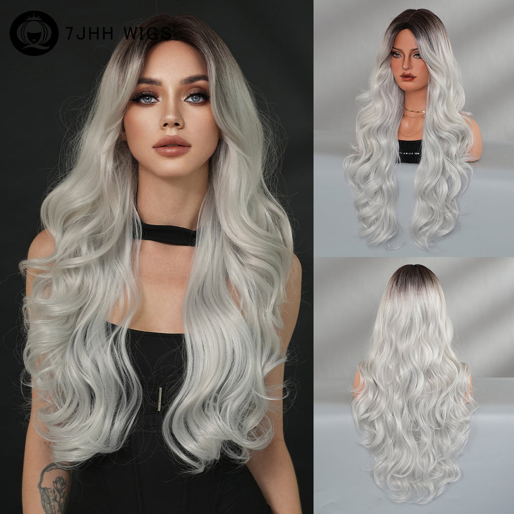 Dark Gray Silk Fog Grey Gradient Wig - Everyday Fashion (Long Wavy Curtain Bangs) (FEVERCOS)