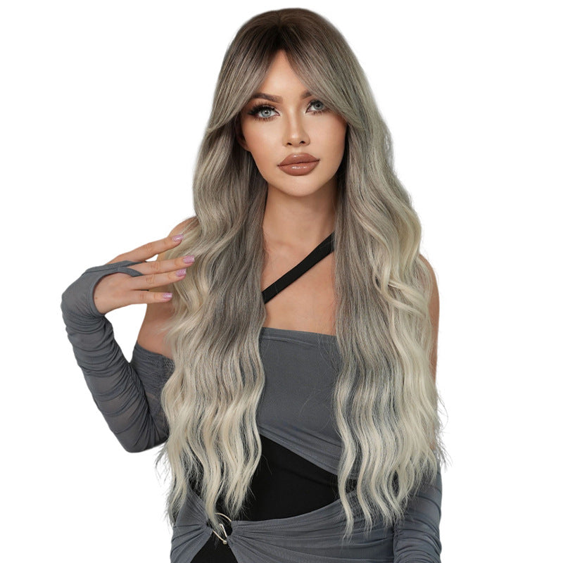 White Smoke Silk Fog Grey Gradient Wig - Everyday Fashion (Long Wavy Curtain Bangs) (FEVERCOS)