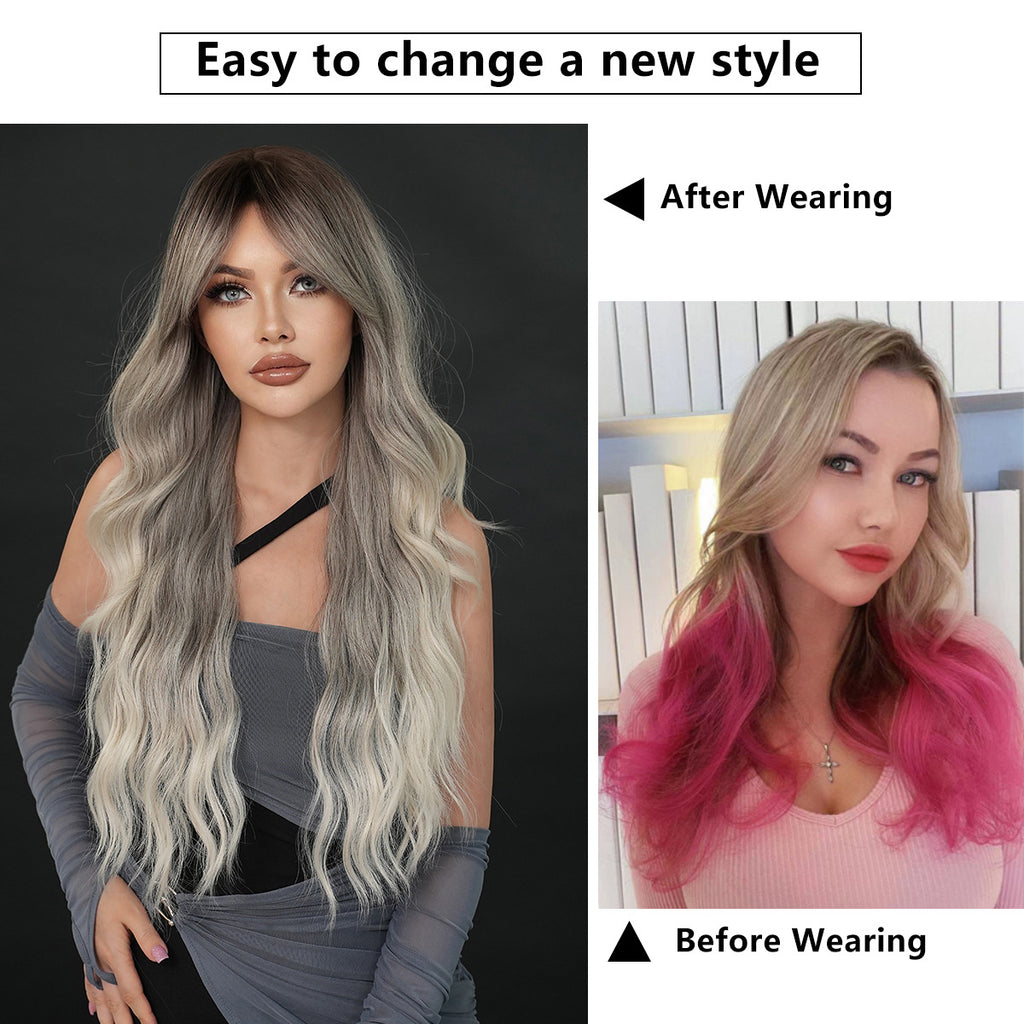 White Smoke Silk Fog Grey Gradient Wig - Everyday Fashion (Long Wavy Curtain Bangs) (FEVERCOS)