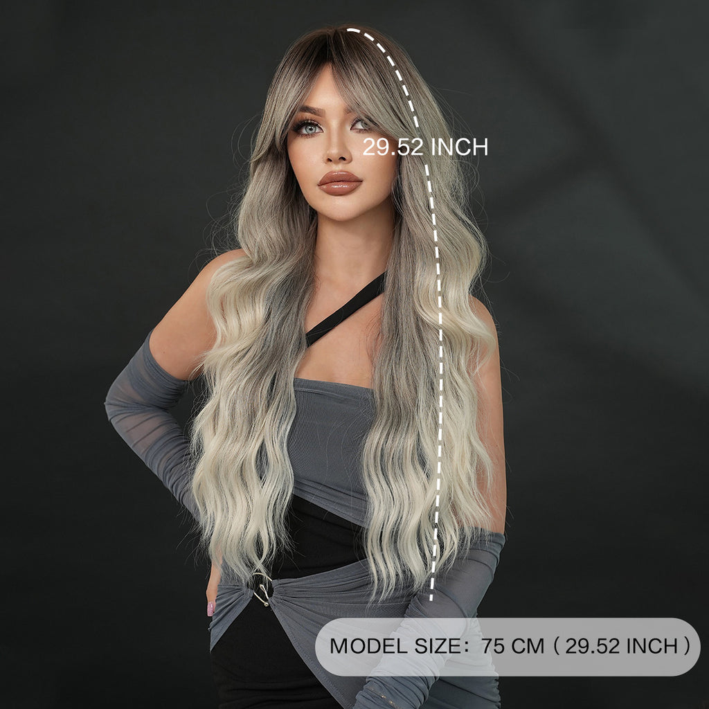 Dark Slate Gray Silk Fog Grey Gradient Wig - Everyday Fashion (Long Wavy Curtain Bangs) (FEVERCOS)