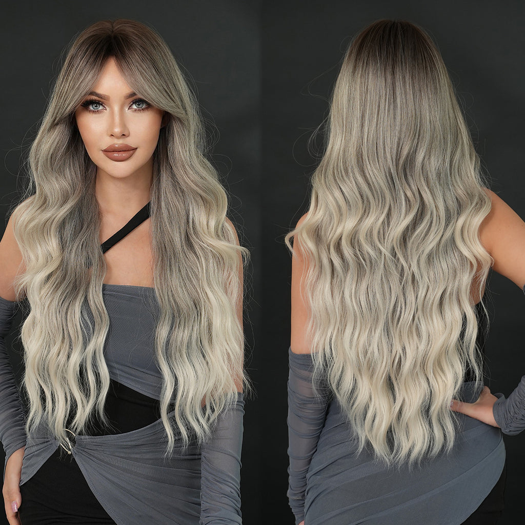 Dark Slate Gray Silk Fog Grey Gradient Wig - Everyday Fashion (Long Wavy Curtain Bangs) (FEVERCOS)