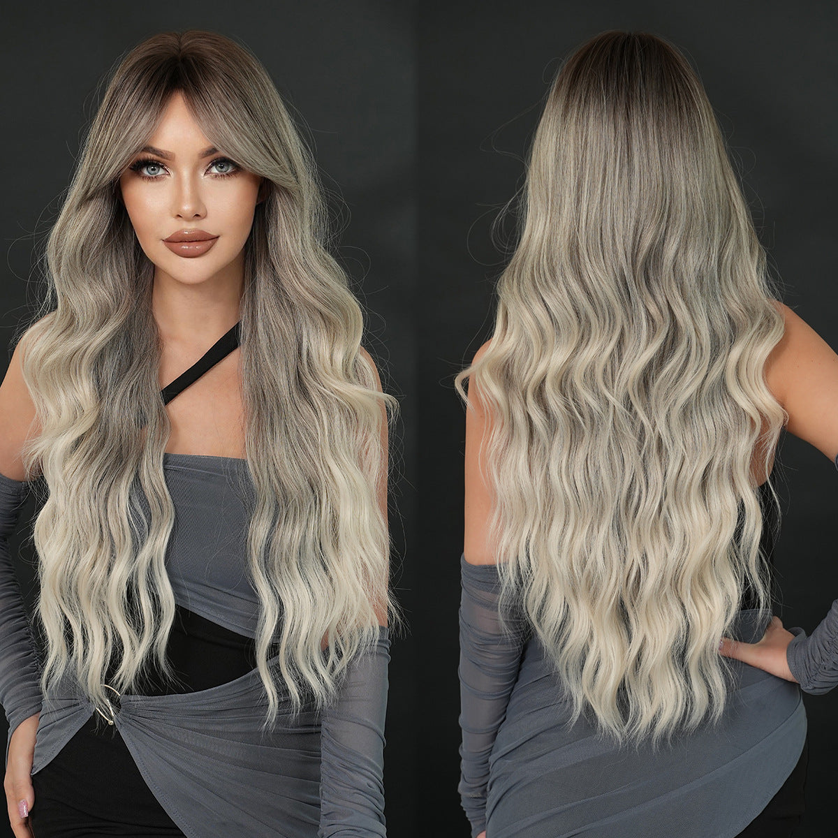 Dark Slate Gray Silk Fog Grey Gradient Wig - Everyday Fashion (Long Wavy Curtain Bangs) (FEVERCOS)