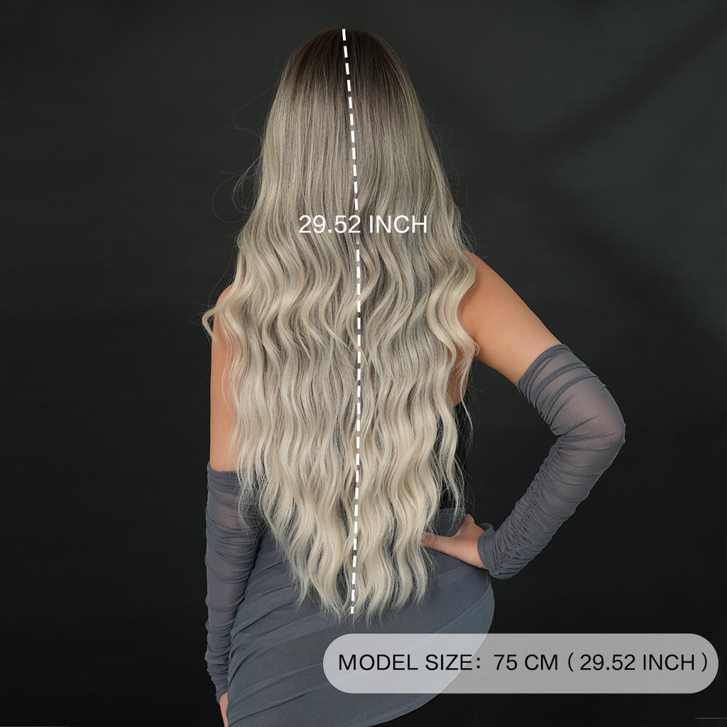 Black Silk Fog Grey Gradient Wig - Everyday Fashion (Long Wavy Curtain Bangs) (FEVERCOS)