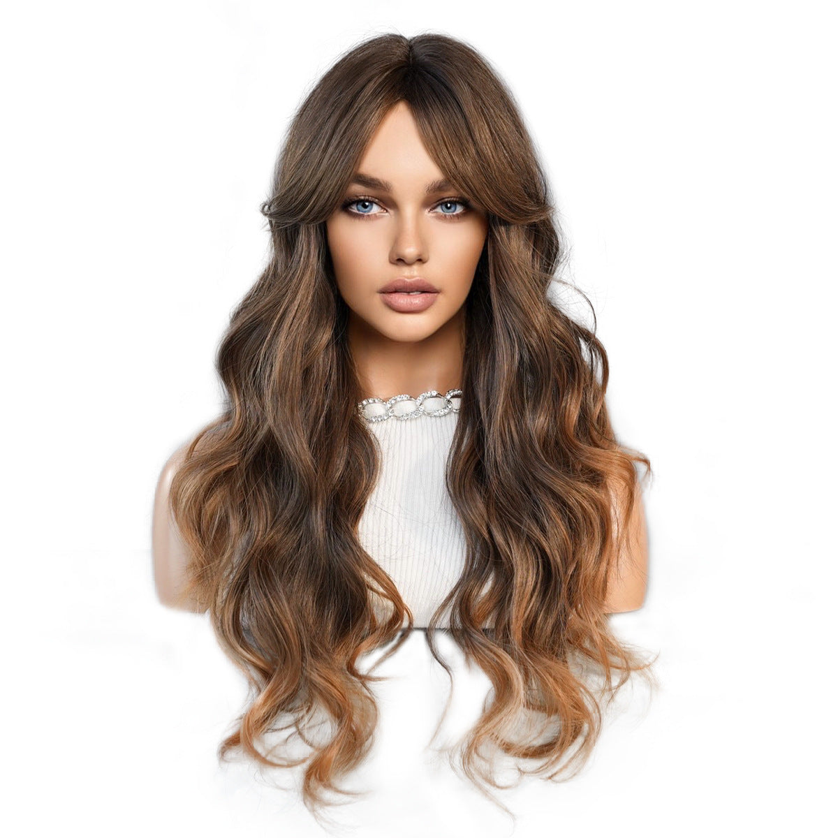 White Smoke Milk Tea Ombre Lace Wig - Elite Lace Fronts (Long Wavy Curtain Bangs) (FEVERCOS)