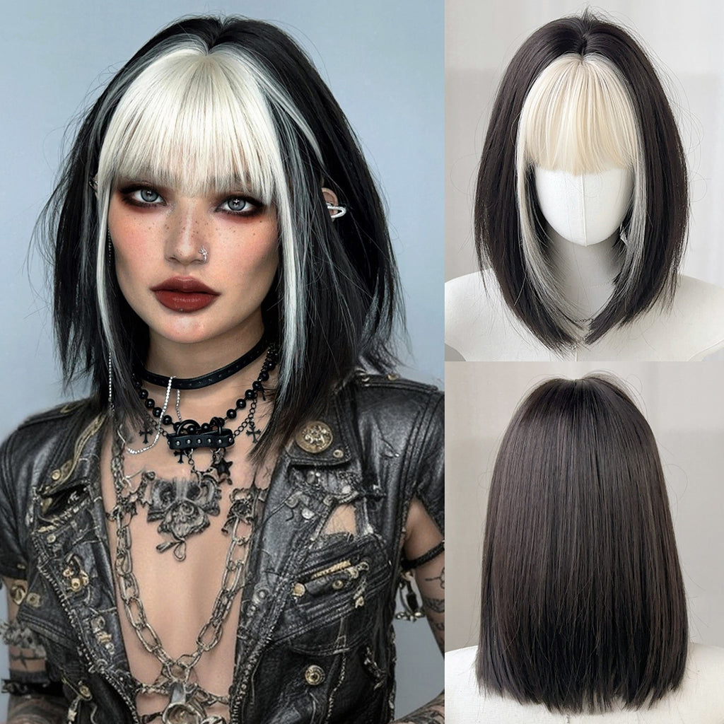 Black Y2K Ash White Bob Wig - Urban Subculture (Short Straight Bangs) (FEVERCOS)