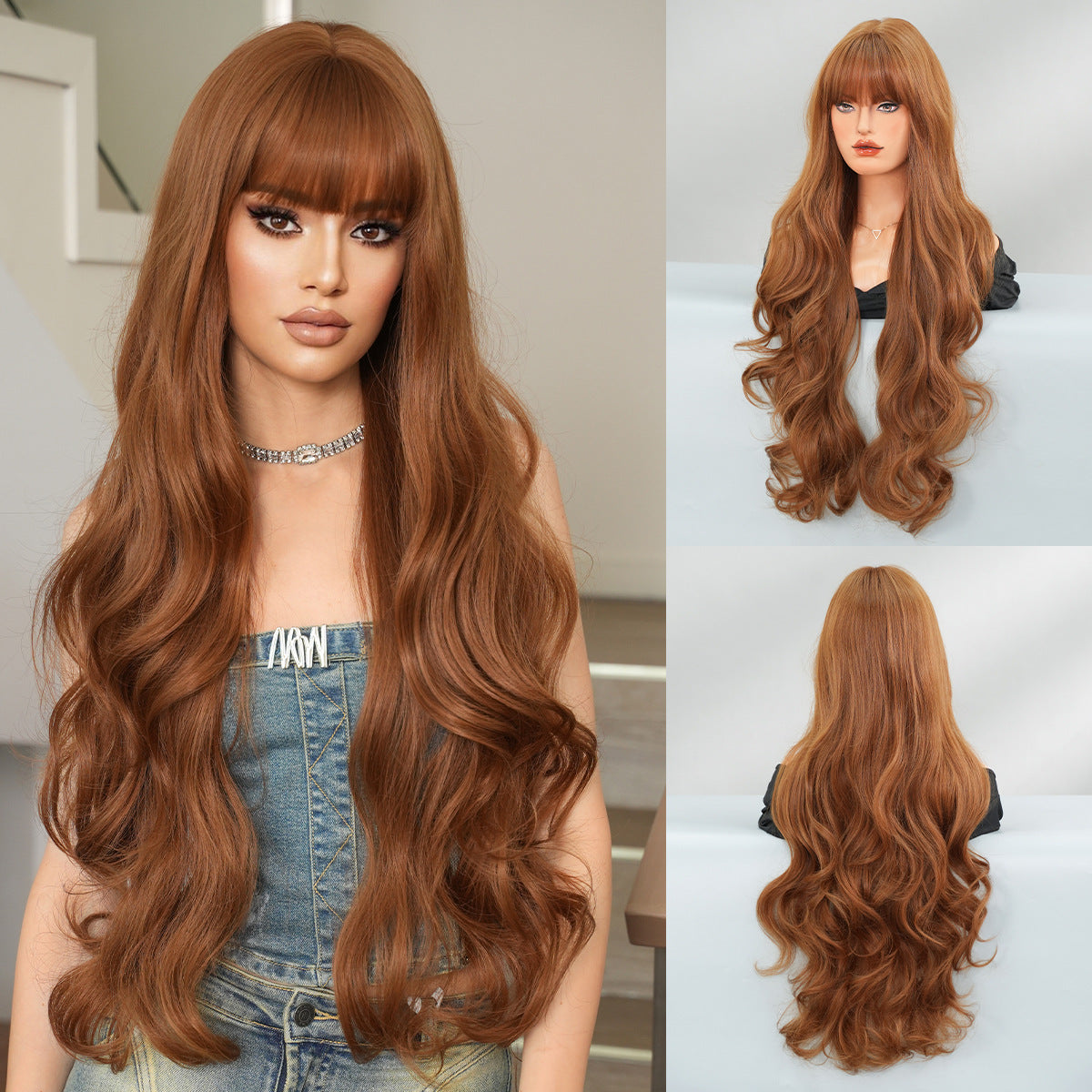 Light Gray Apricot Brown 32-Inch Wavy Wig - Lolita Fashion (Super Long Bangs) (FEVERCOS)