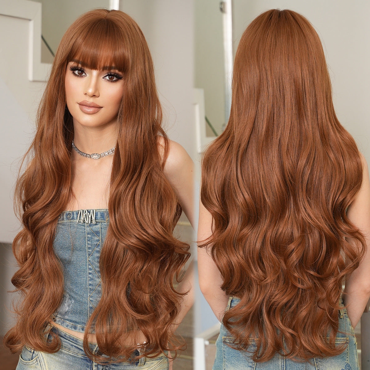 Saddle Brown Apricot Brown 32-Inch Wavy Wig - Lolita Fashion (Super Long Bangs) (FEVERCOS)