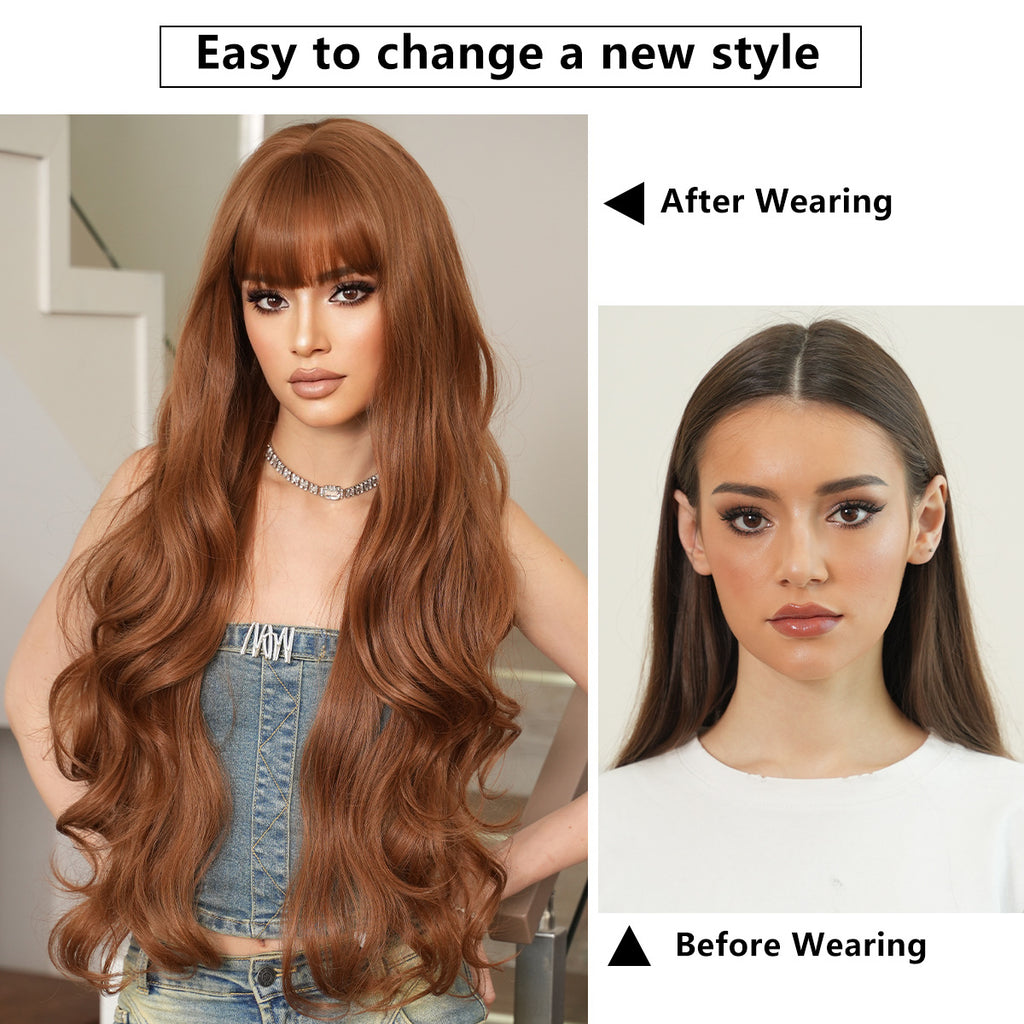 White Smoke Apricot Brown 32-Inch Wavy Wig - Lolita Fashion (Super Long Bangs) (FEVERCOS)