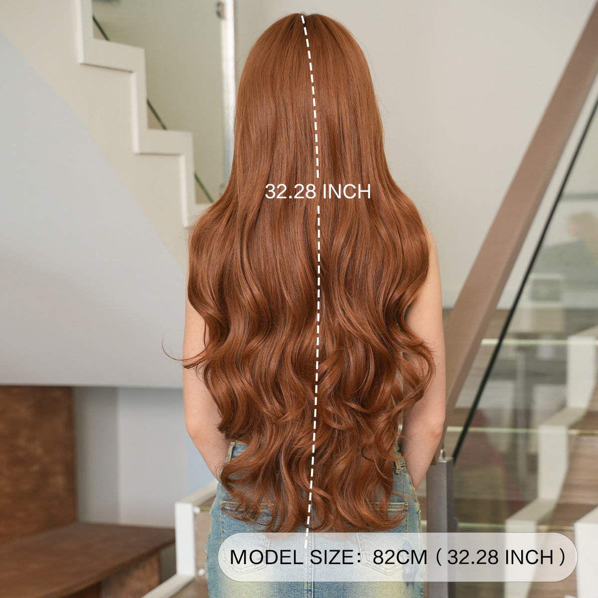 Gray Apricot Brown 32-Inch Wavy Wig - Lolita Fashion (Super Long Bangs) (FEVERCOS)