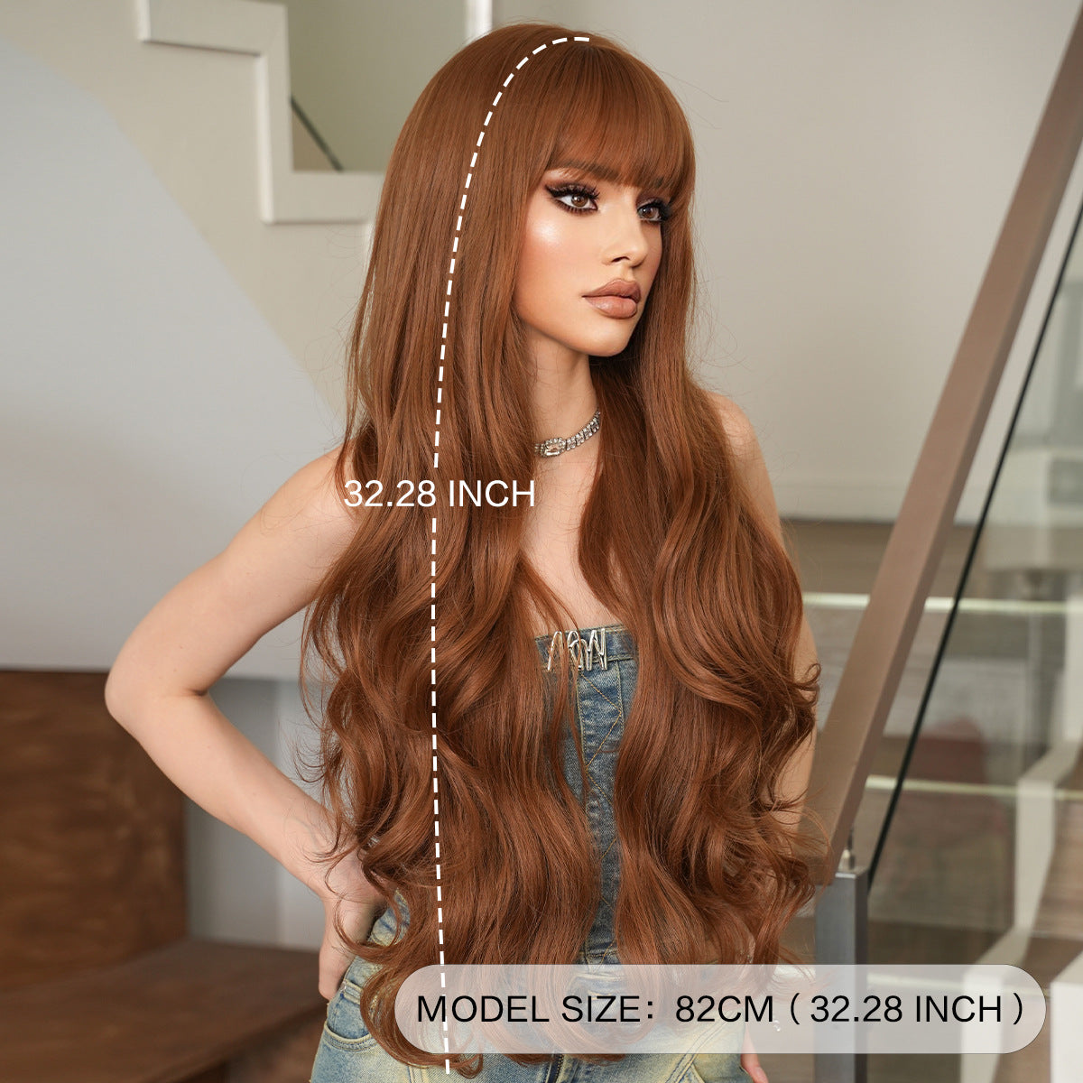 Dark Gray Apricot Brown 32-Inch Wavy Wig - Lolita Fashion (Super Long Bangs) (FEVERCOS)