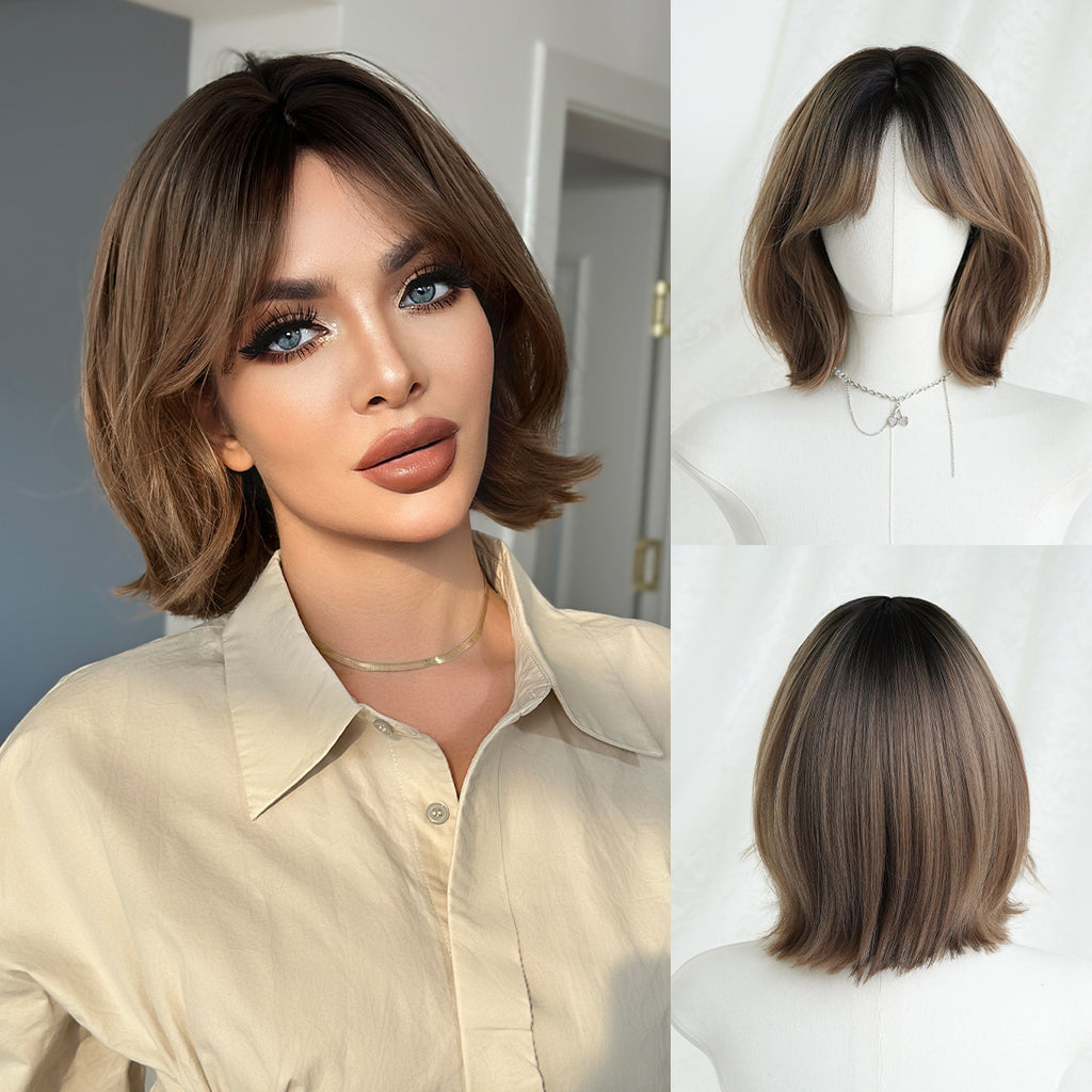 Lavender Mocha Brown Layered Bob - Everyday Fashion (Inward Curve Air Bangs) (FEVERCOS)