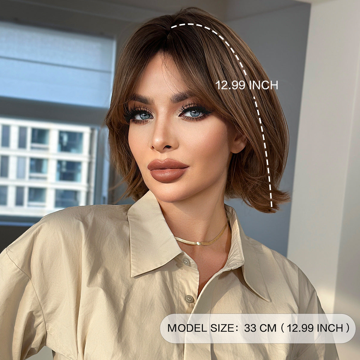 Dark Gray Mocha Brown Layered Bob - Everyday Fashion (Inward Curve Air Bangs) (FEVERCOS)