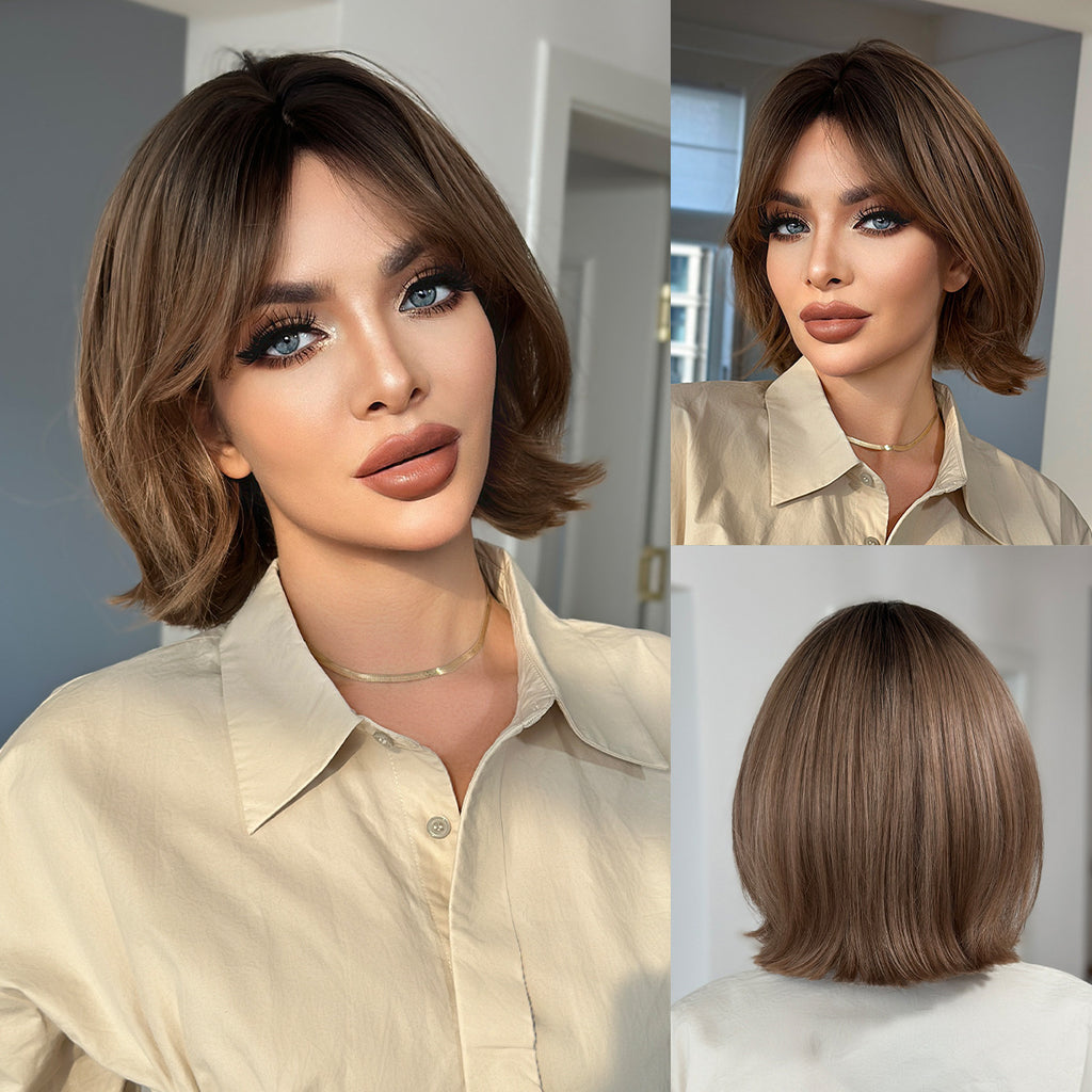 Tan Mocha Brown Layered Bob - Everyday Fashion (Inward Curve Air Bangs) (FEVERCOS)