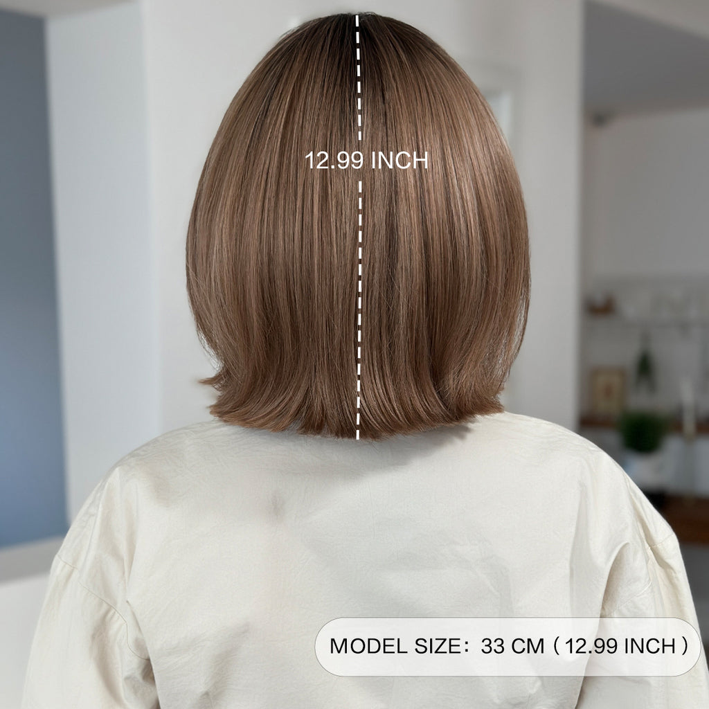 Gray Mocha Brown Layered Bob - Everyday Fashion (Inward Curve Air Bangs) (FEVERCOS)
