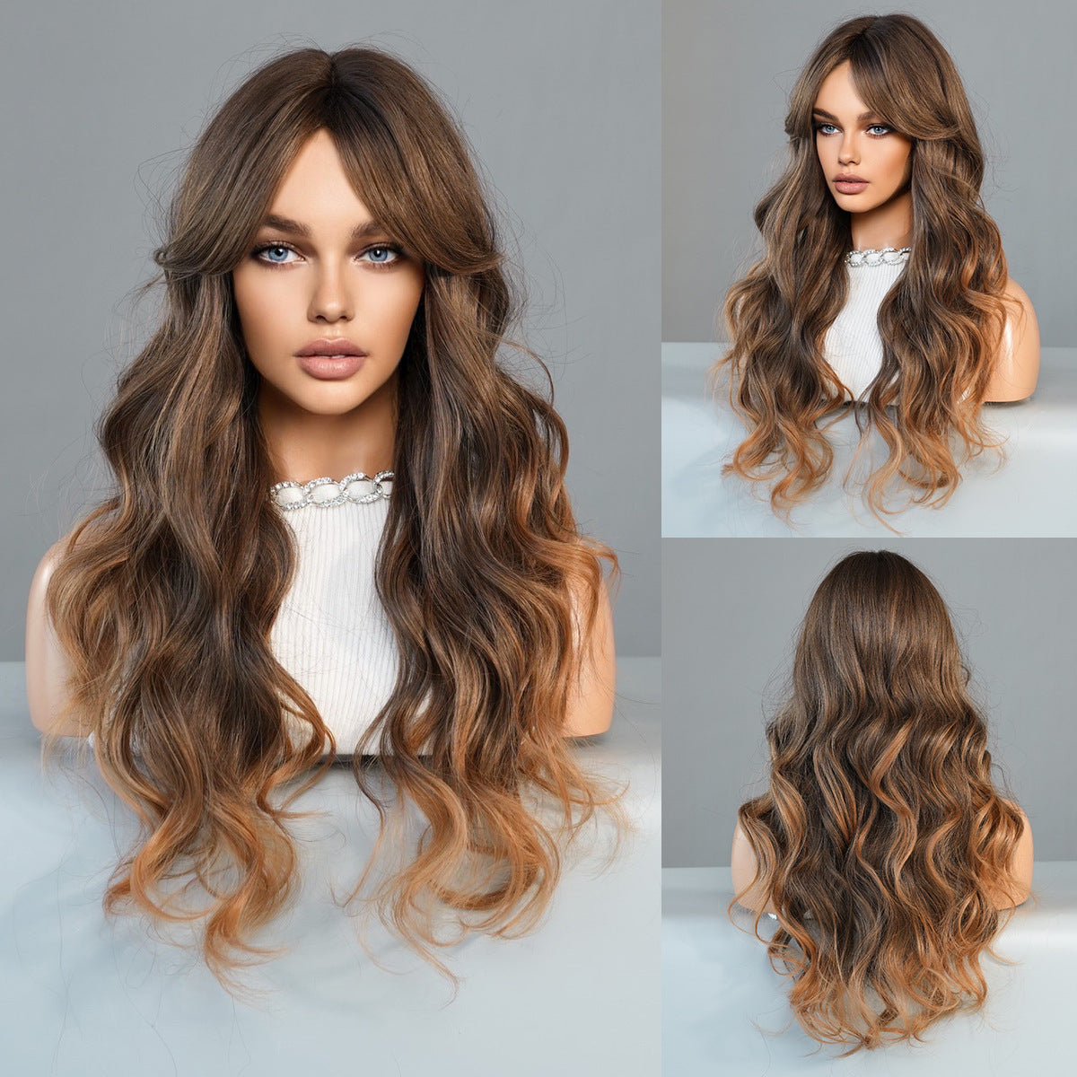Dark Gray Milk Tea Ombre Lace Wig - Elite Lace Fronts (Long Wavy Curtain Bangs) (FEVERCOS)