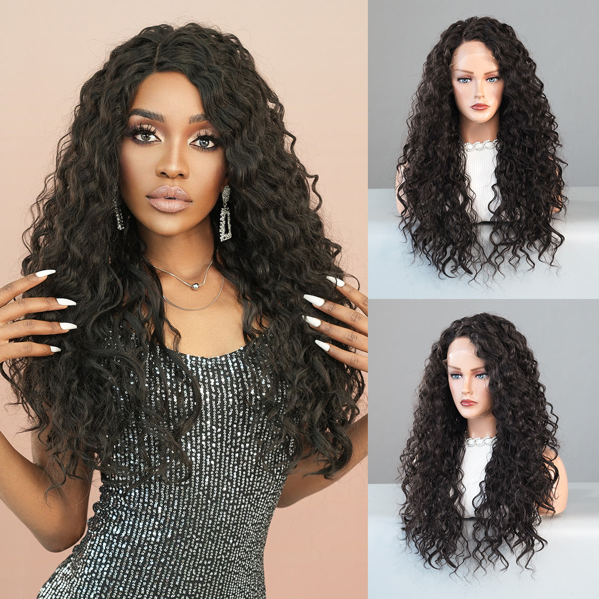 Dark Slate Gray Brown Water Wave Lace Wig - Elite Lace Fronts (Long Middle Part) (FEVERCOS)