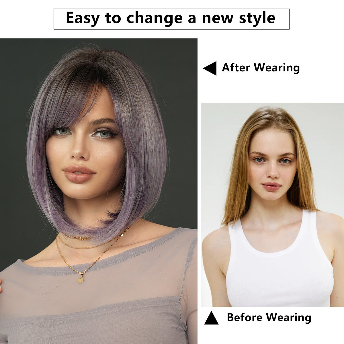 White Smoke Ash Purple Gradient Bob - Urban Subculture (Short Straight Side Bangs) (FEVERCOS)
