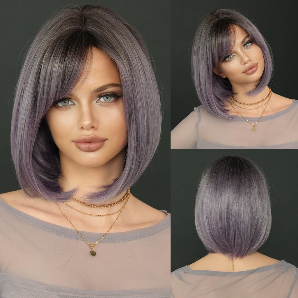 Dark Slate Gray Ash Purple Gradient Bob - Urban Subculture (Short Straight Side Bangs) (FEVERCOS)