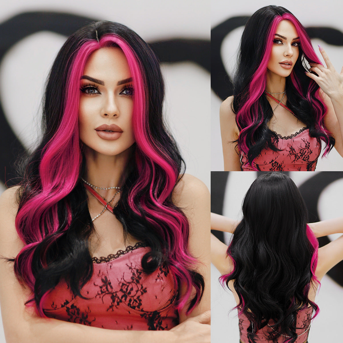 Light Gray Rose Red Highlight Lace Wig - Elite Lace Fronts (Long Wavy Middle Part) (FEVERCOS)