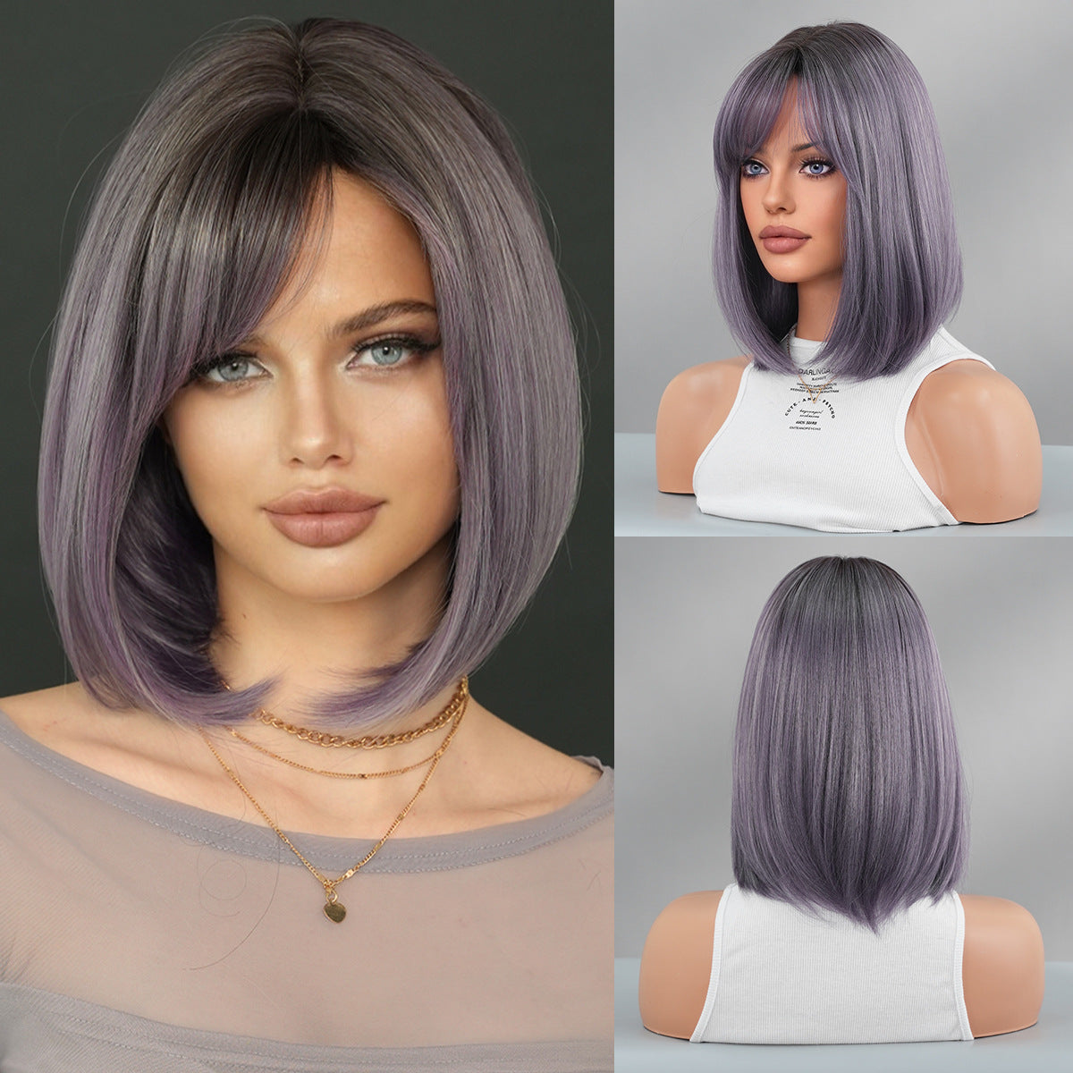 Dark Slate Gray Ash Purple Gradient Bob - Urban Subculture (Short Straight Side Bangs) (FEVERCOS)