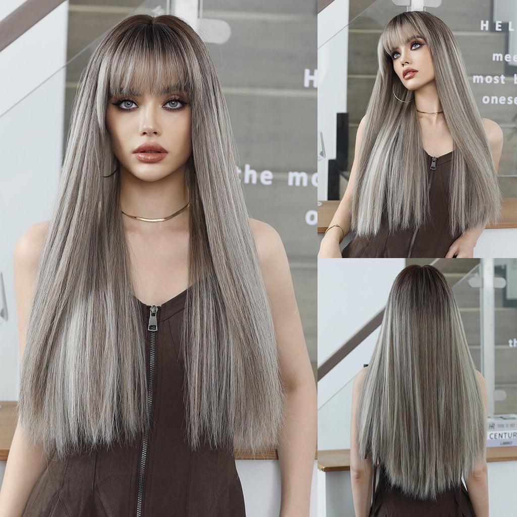 Light Slate Gray Flaxen Brown Highlight Wig - Everyday Fashion (Long Straight) (FEVERCOS)