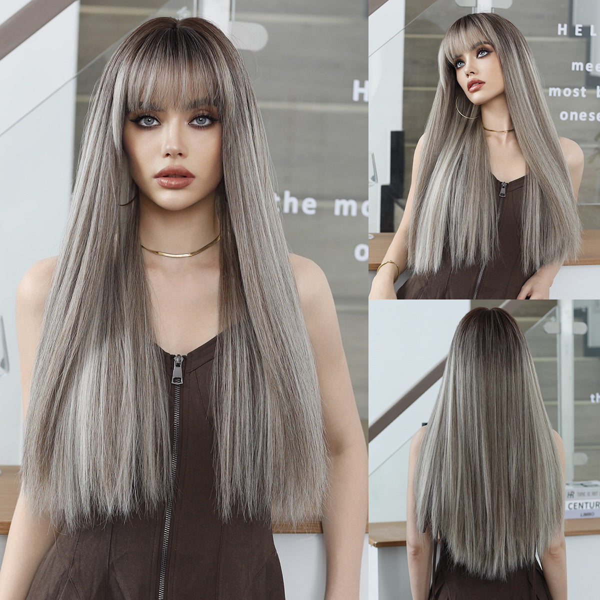 Light Slate Gray Flaxen Brown Highlight Wig - Everyday Fashion (Long Straight) (FEVERCOS)