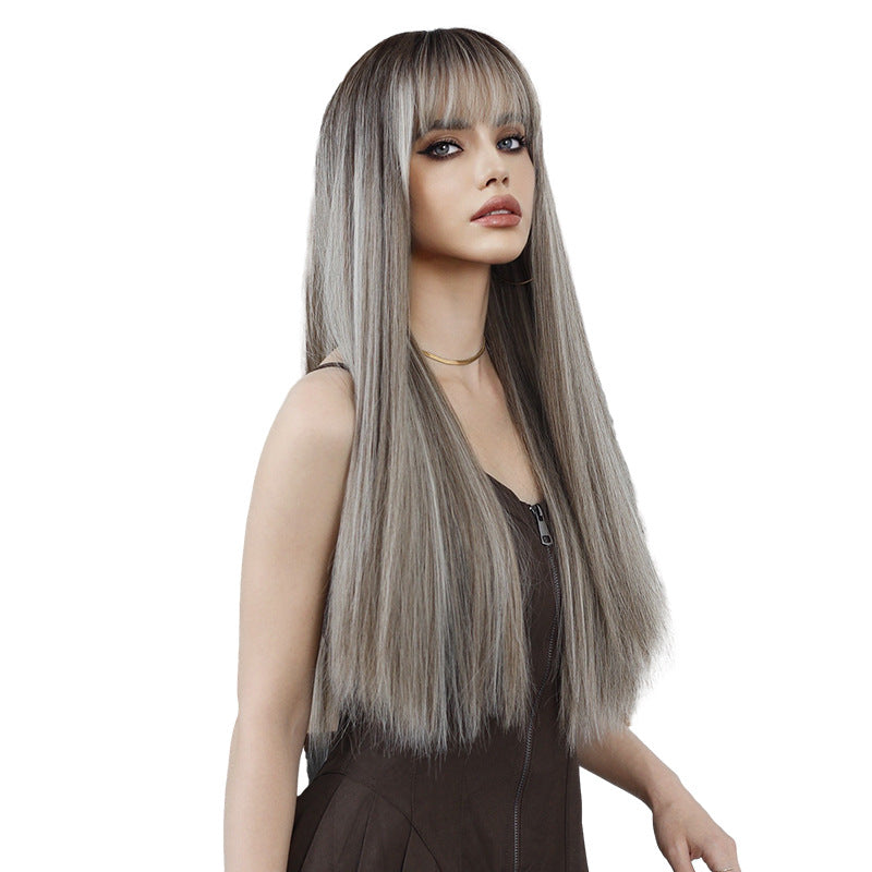 White Smoke Flaxen Brown Highlight Wig - Everyday Fashion (Long Straight) (FEVERCOS)