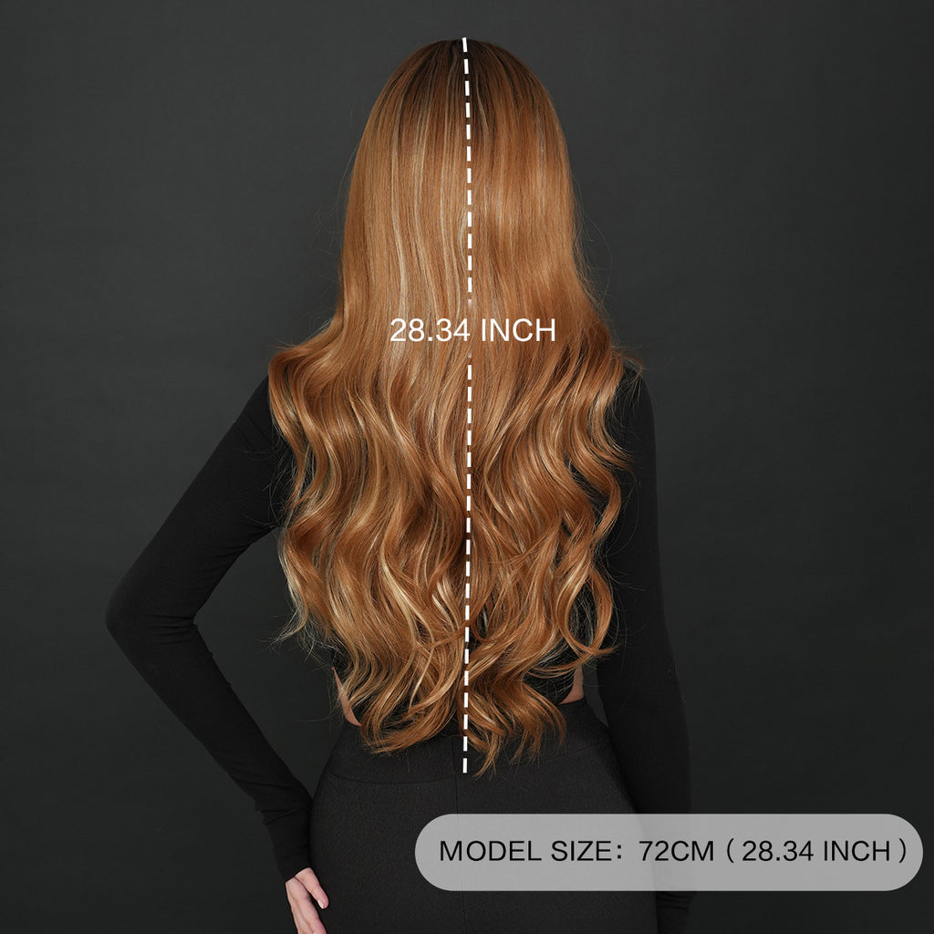 Dark Slate Gray Amber Brown Highlight Wig - Everyday Fashion (Long Wavy Middle Part) (FEVERCOS)