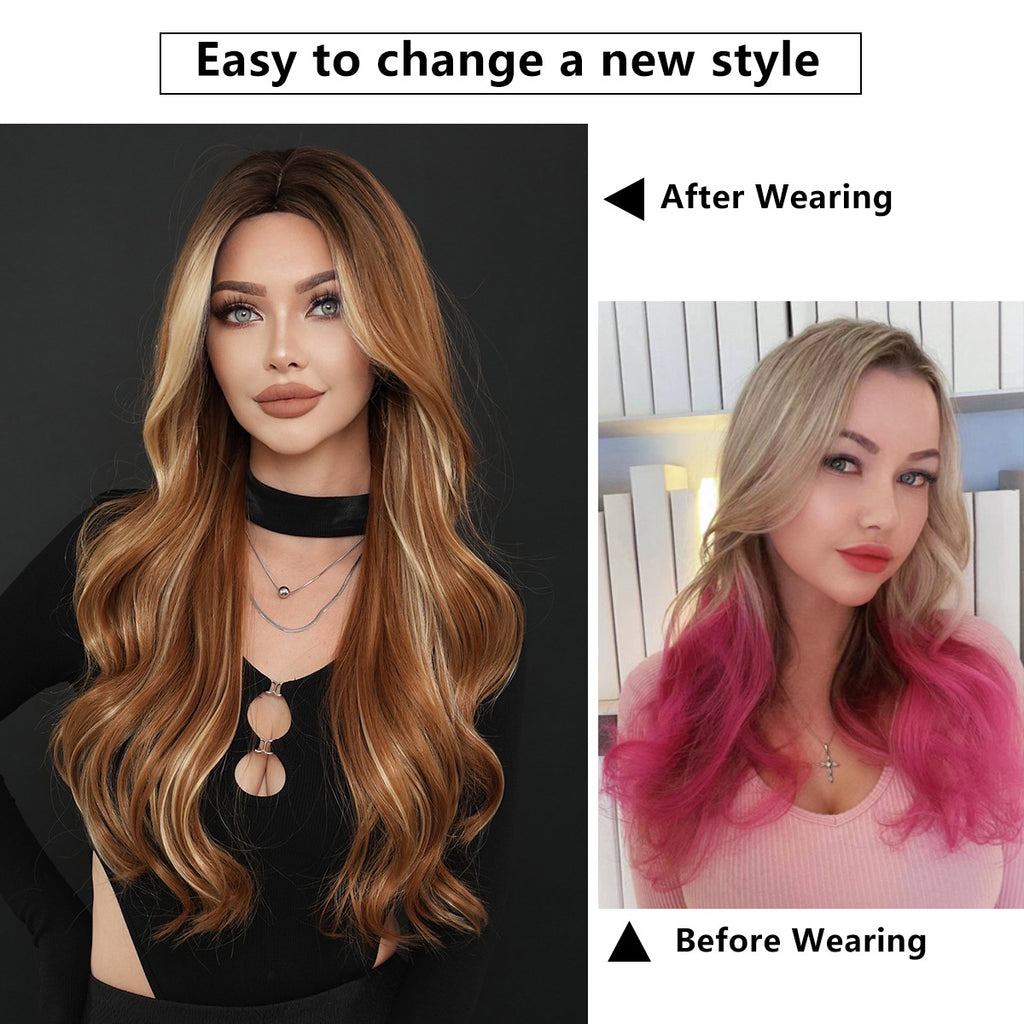 White Smoke Amber Brown Highlight Wig - Everyday Fashion (Long Wavy Middle Part) (FEVERCOS)