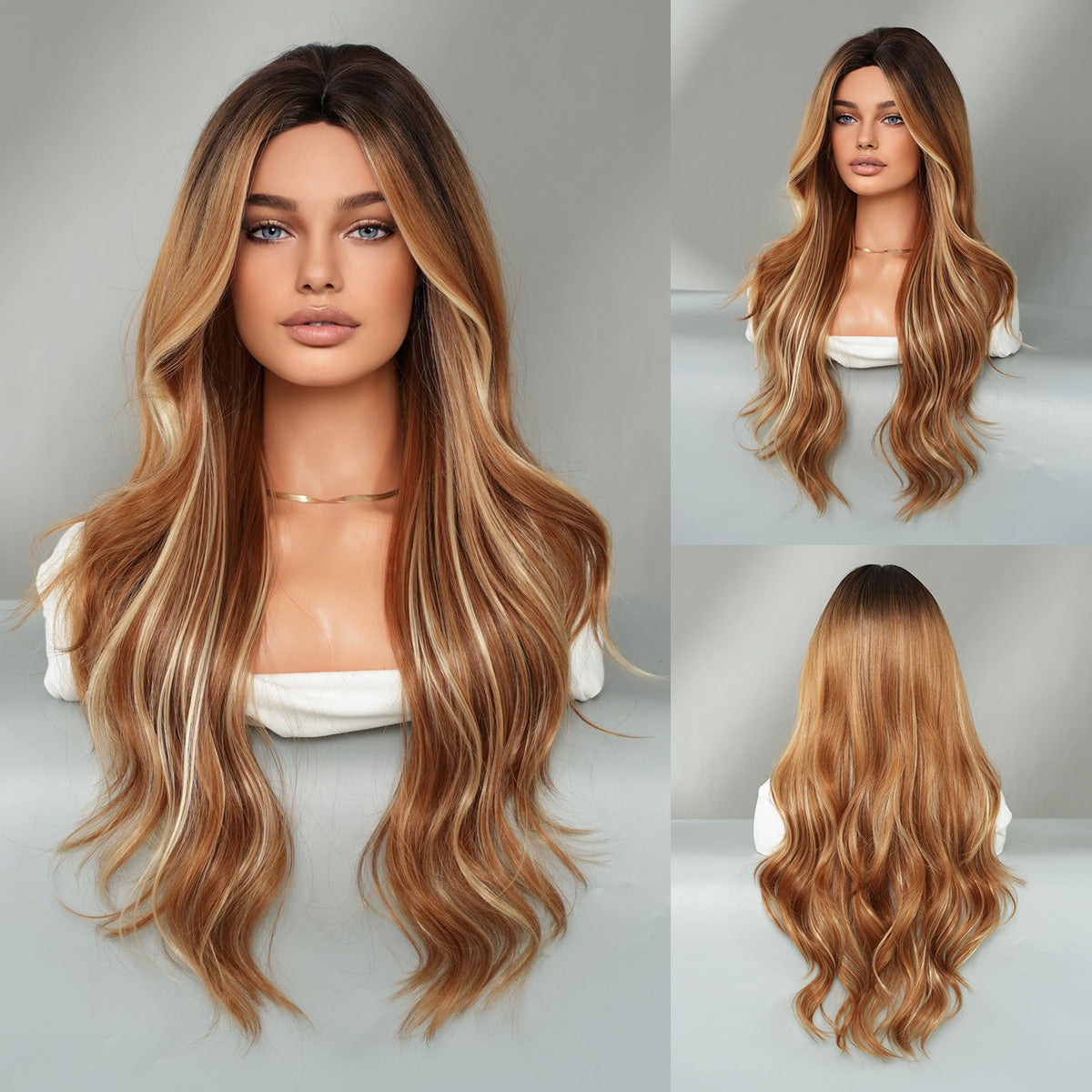 Gray Amber Brown Highlight Wig - Everyday Fashion (Long Wavy Middle Part) (FEVERCOS)