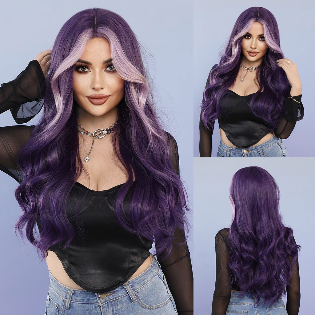 Light Steel Blue Roland Purple Highlight Wavy Wig - Urban Fashion (Long Curls) (FEVERCOS)