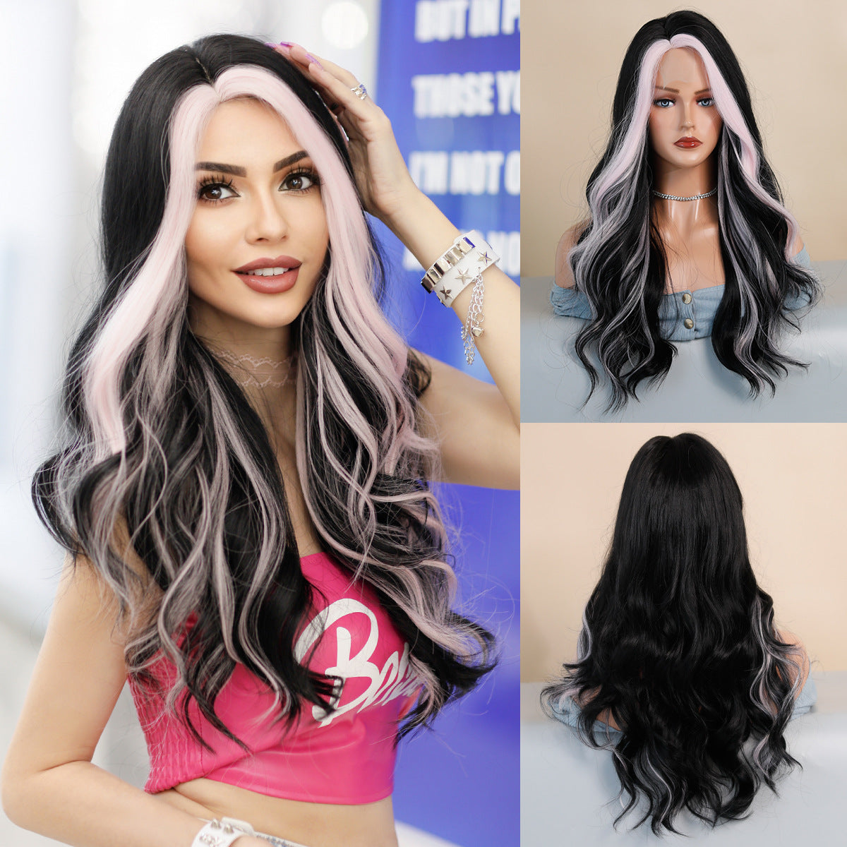 White Smoke Pink Highlight Lace Wavy Wig - Elite Lace Fronts (Middle Part) (FEVERCOS)