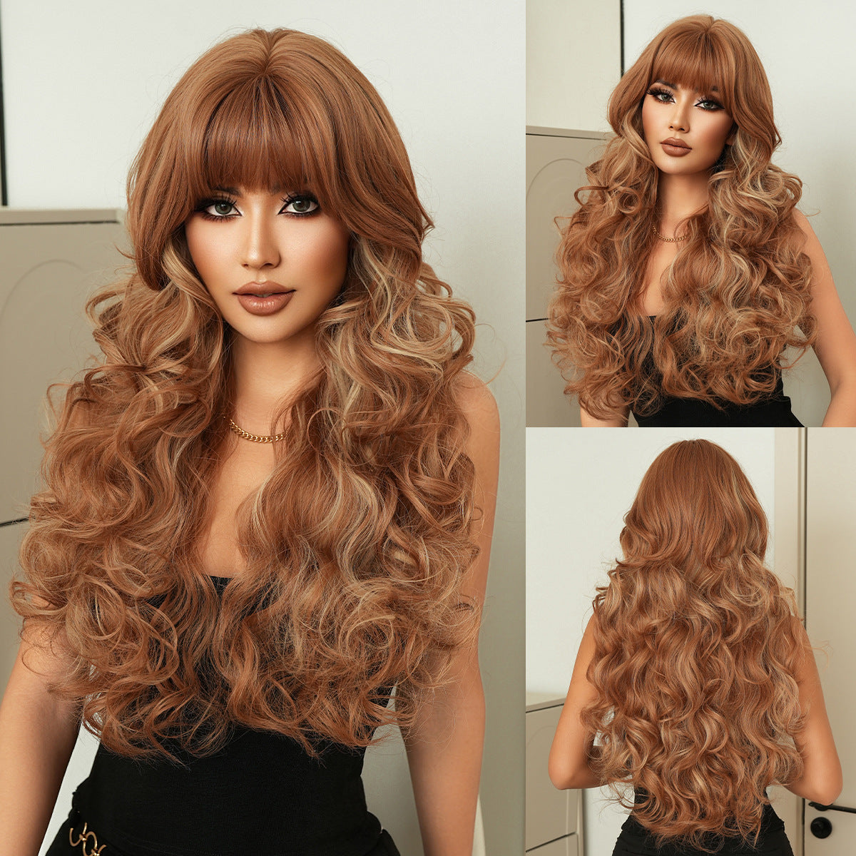 Sienna Pink Gold Long Wavy Wig - Lolita Fashion (Voluminous Bangs) (FEVERCOS)