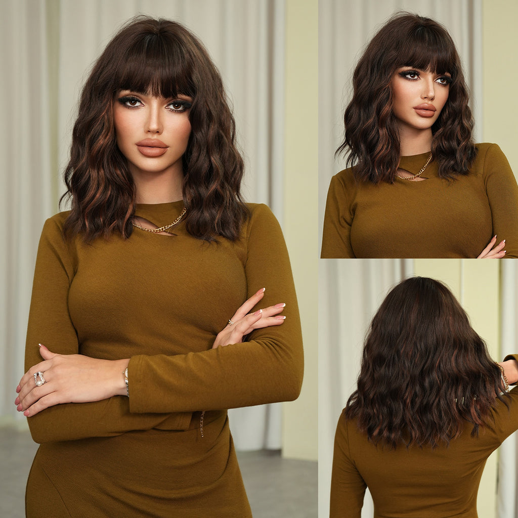 Gray Black Gold Highlight Short Curly Wig - Urban Fashion (Fluffy Bangs) (FEVERCOS)