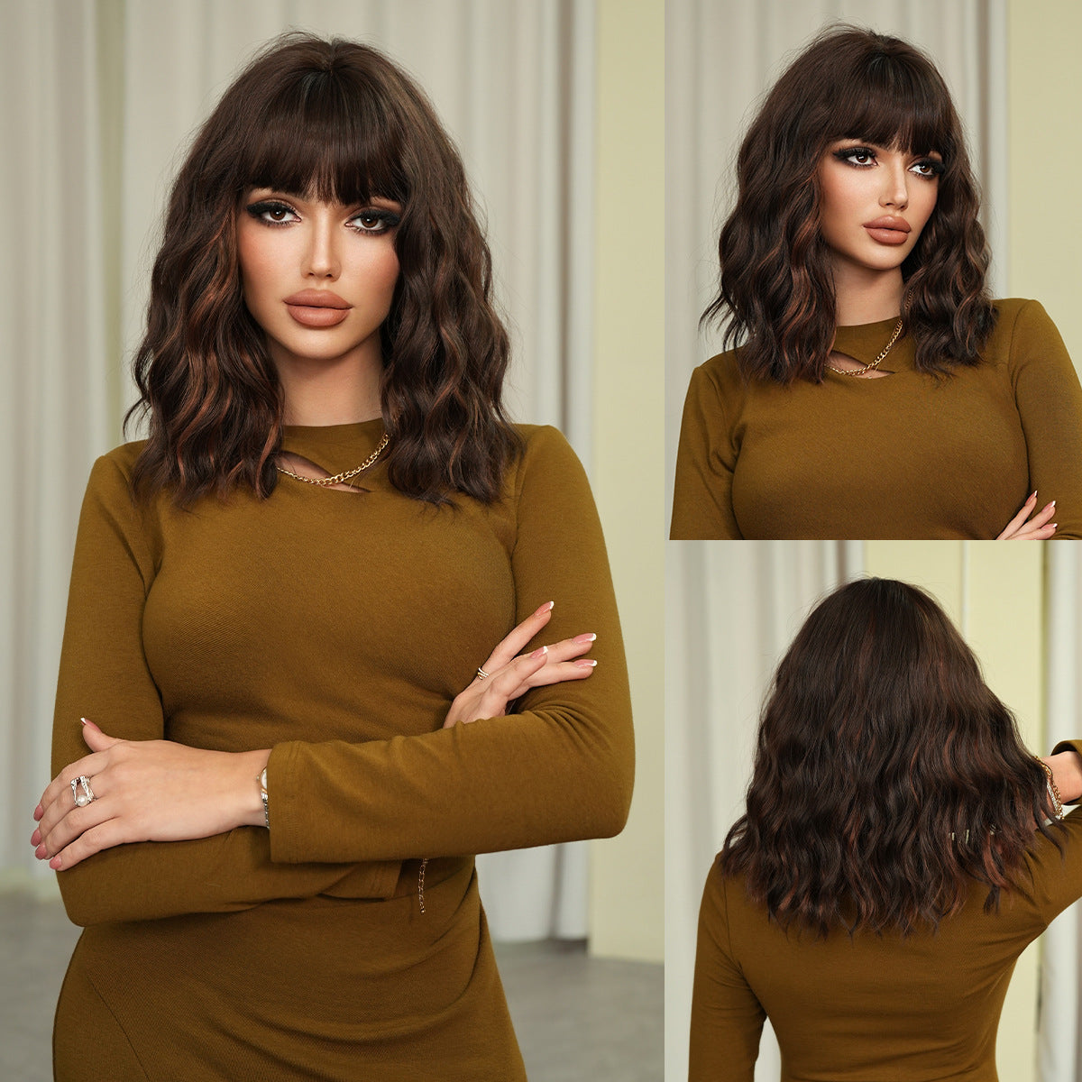 Gray Black Gold Highlight Short Curly Wig - Urban Fashion (Fluffy Bangs) (FEVERCOS)