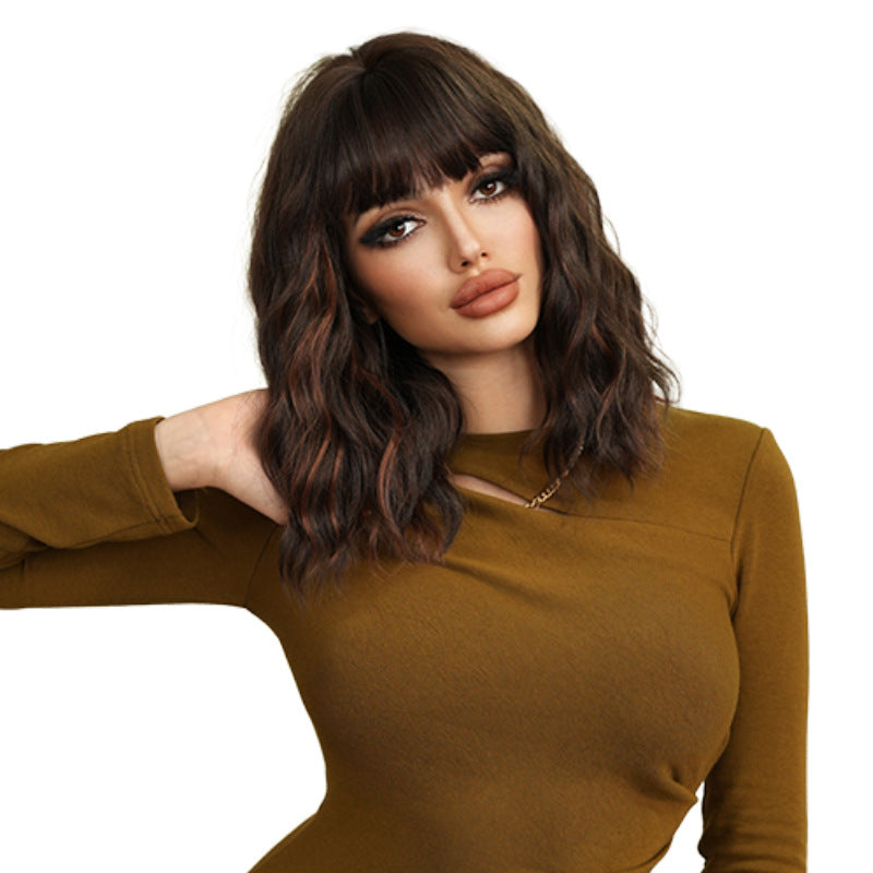 White Smoke Black Gold Highlight Short Curly Wig - Urban Fashion (Fluffy Bangs) (FEVERCOS)