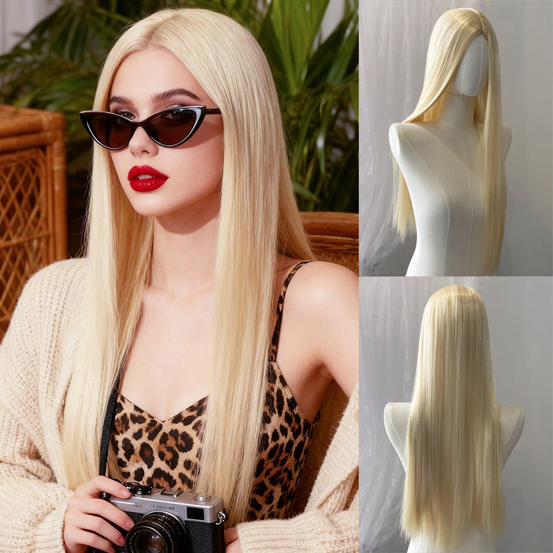 Light Gray Light Blonde Long Straight Wig - Everyday Fashion (Middle Part) (FEVERCOS)