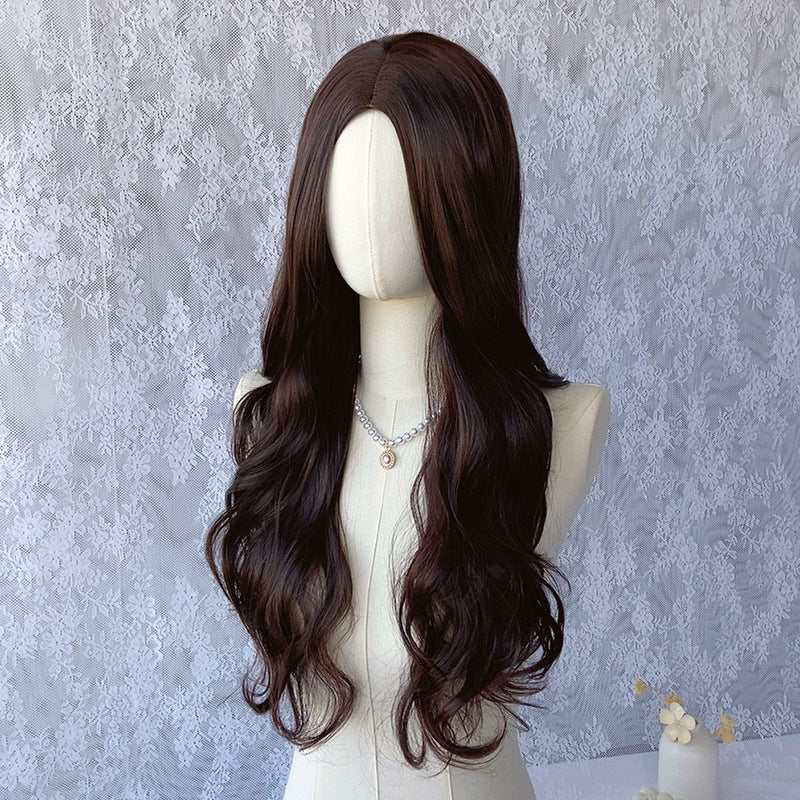 Dark Gray Brown Deep Wave Wig - Everyday Fashion (Long Middle Part) (FEVERCOS)