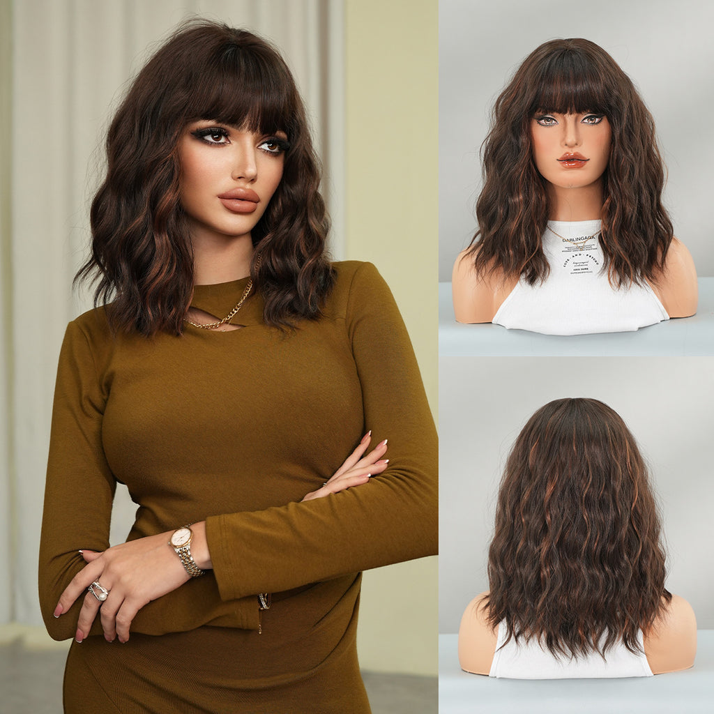 Gray Black Gold Highlight Short Curly Wig - Urban Fashion (Fluffy Bangs) (FEVERCOS)