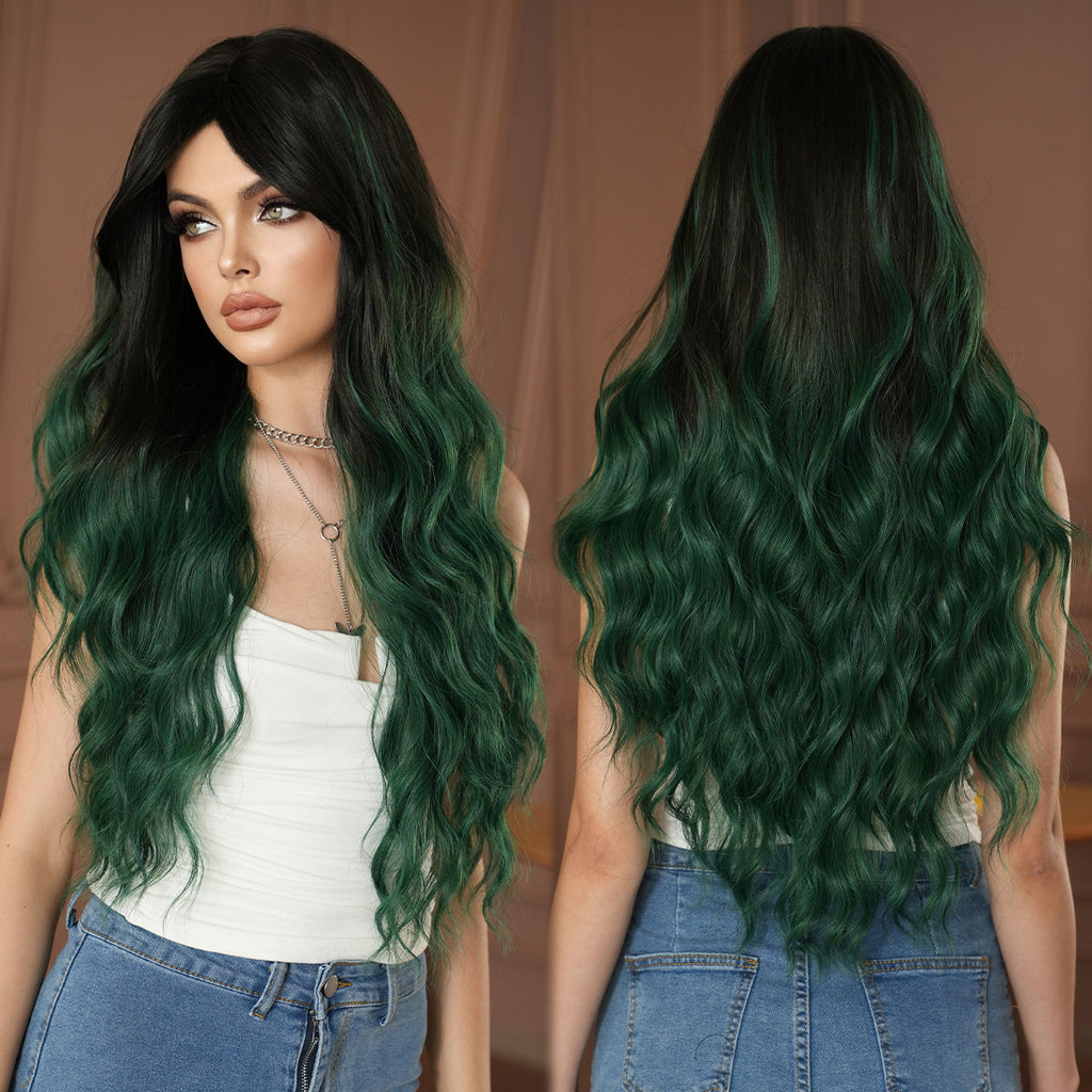 Dim Gray Dark Green Gradient Wavy Wig - Subculture Fashion (Curtain Bangs) (FEVERCOS)