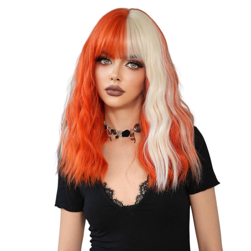 White Smoke Orange Gold Highlight Wavy Wig - Subculture Fashion (Shoulder Length Bangs) (FEVERCOS)