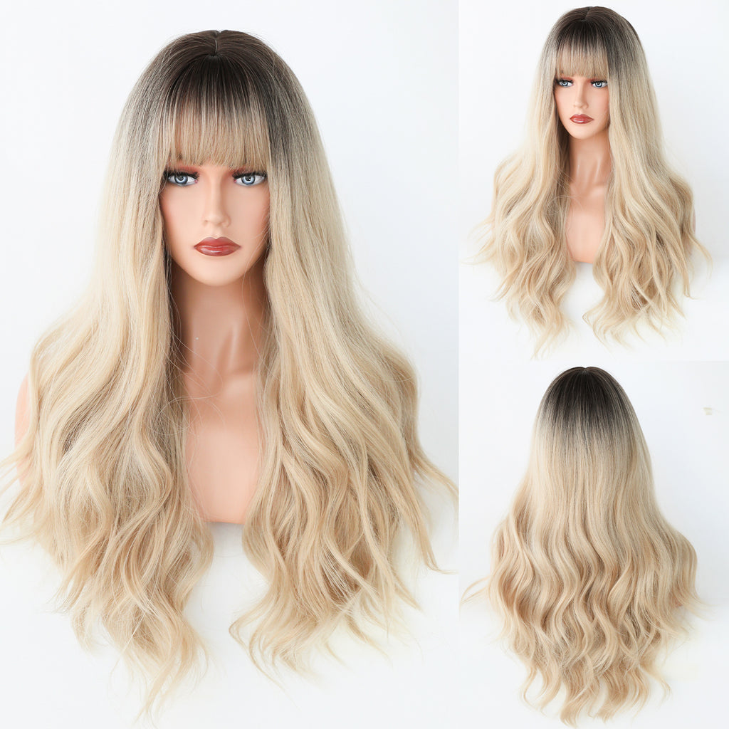 White Smoke Brown Gradient Layered Wavy Wig - Everyday Fashion (Soft Bangs) (FEVERCOS)
