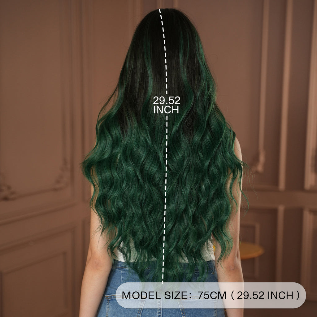 Dark Olive Green Dark Green Gradient Wavy Wig - Subculture Fashion (Curtain Bangs) (FEVERCOS)