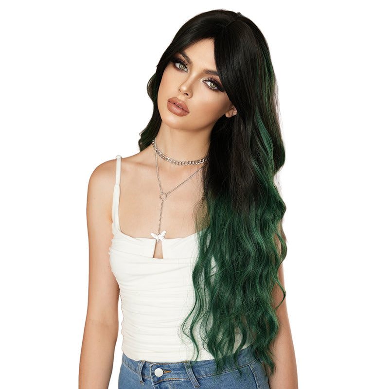 White Smoke Dark Green Gradient Wavy Wig - Subculture Fashion (Curtain Bangs) (FEVERCOS)
