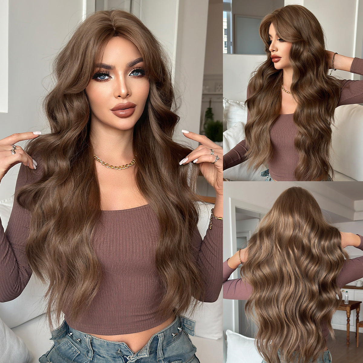 Dim Gray Warm Brown Long Wavy Wig - Everyday Fashion (Face Slimming Volume) (FEVERCOS)